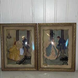 Vintage Framed Reverse Painted Convex glass Wall Art Set - Gold and Cream